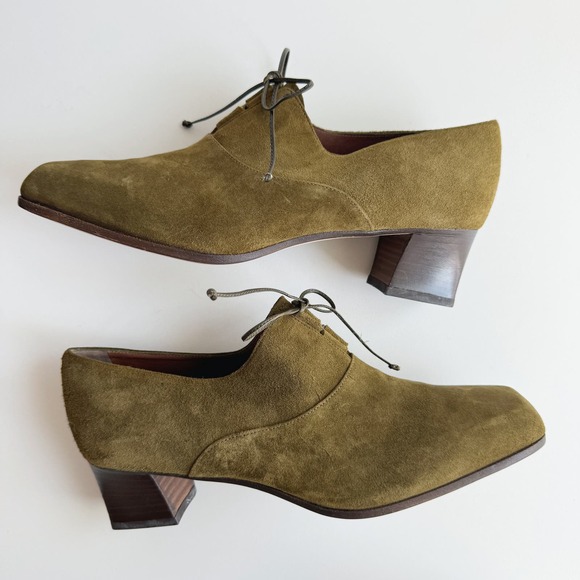 Joan & David Olive Green Suede Leather Lace Up Oxford Heels Size 7.5 - Picture 3 of 8
